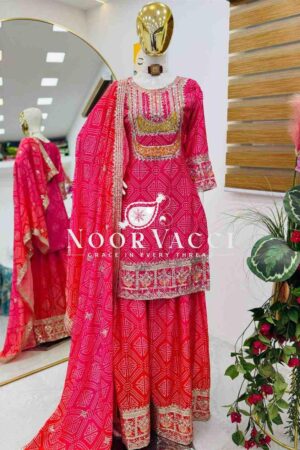 Buy Heavy Chinon Silk Printed Embroidered Sharara Suit with Dupatta
