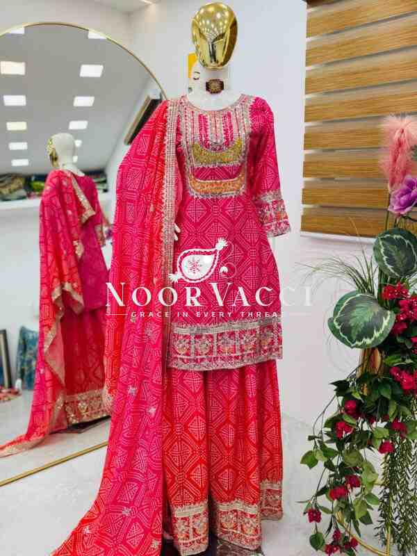 Heavy Chinon Silk Printed Embroidered Sharara Suit with Dupatta