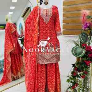 Heavy Chinon Silk Printed Embroidered Sharara Suit with Dupatta