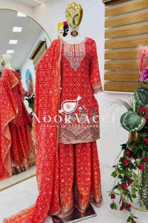 Shop Heavy Chinon Silk Printed Embroidered Sharara Suit with Dupatta