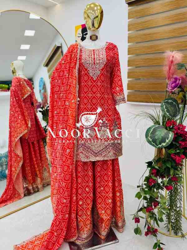 Heavy Chinon Silk Printed Embroidered Sharara Suit with Dupatta