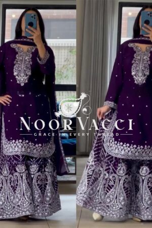 Buy Chinon Embroidered Sharara Suit with Dupatta