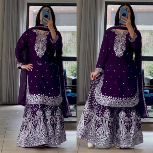 Buy Chinon Embroidered Sharara Suit with Dupatta
