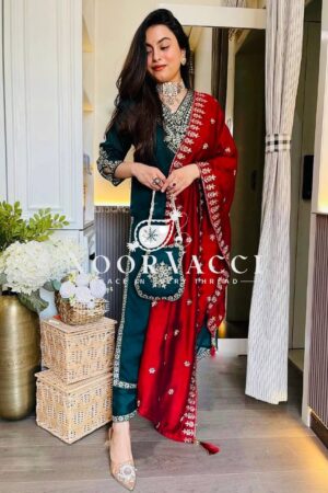 Buy Chinon Embroidered Suit with Front & Back Work and Dupatta