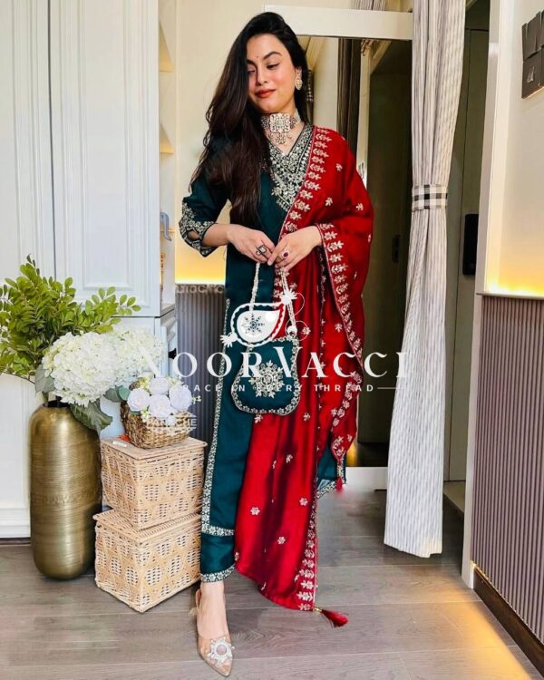 Buy Chinon Embroidered Suit with Front & Back Work and Dupatta