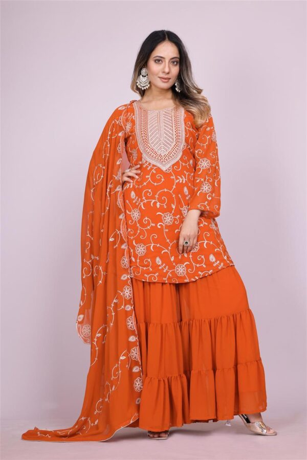 Buy Embroidered Fox Georgette Sharara Suit with Dupatta - Image 2