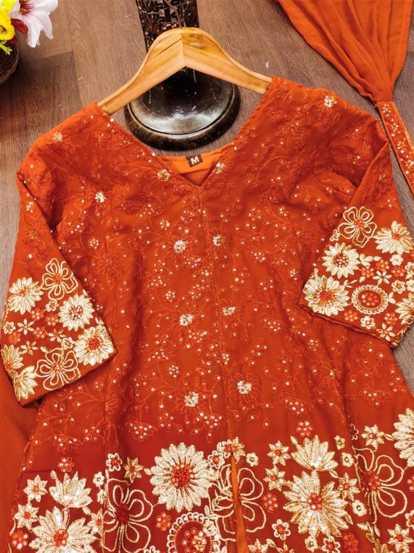 Buy Embroidered Fox Georgette Plazo Suit with Dupatta - Image 4