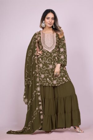 Buy Embroidered Fox Georgette Sharara Suit with Dupatta