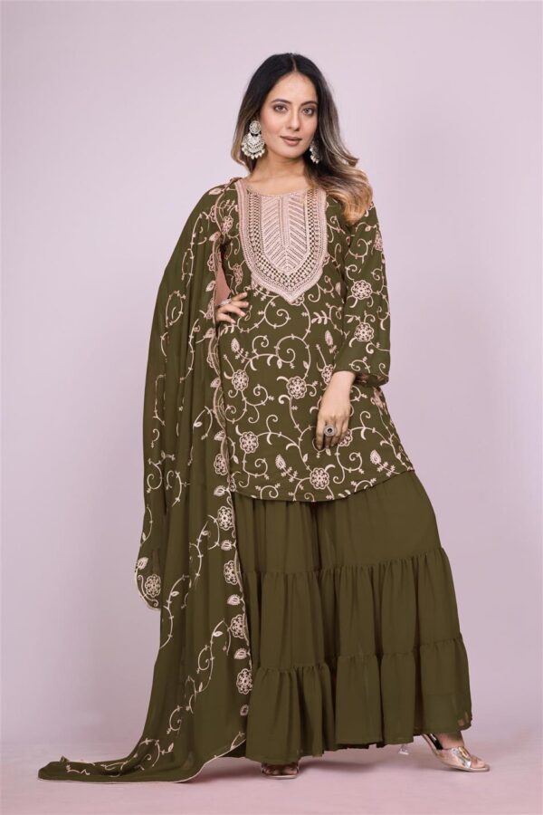 Buy Embroidered Fox Georgette Sharara Suit with Dupatta