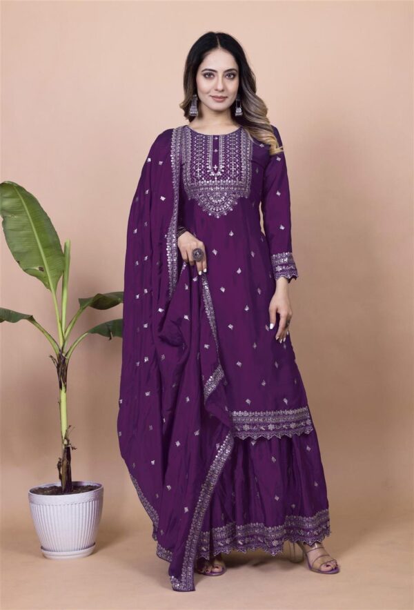 Buy Chinon Embroidered Sharara Suit with Sequin Detailing - Image 4