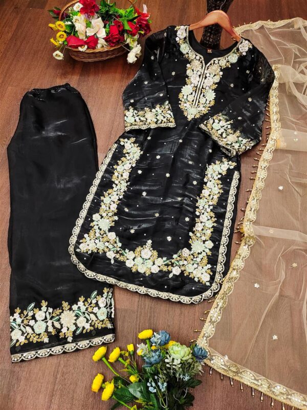 Shop Jimmy Choo Embroidered Suit with Diamond & Moti Hand Work and Dupatta - Image 3