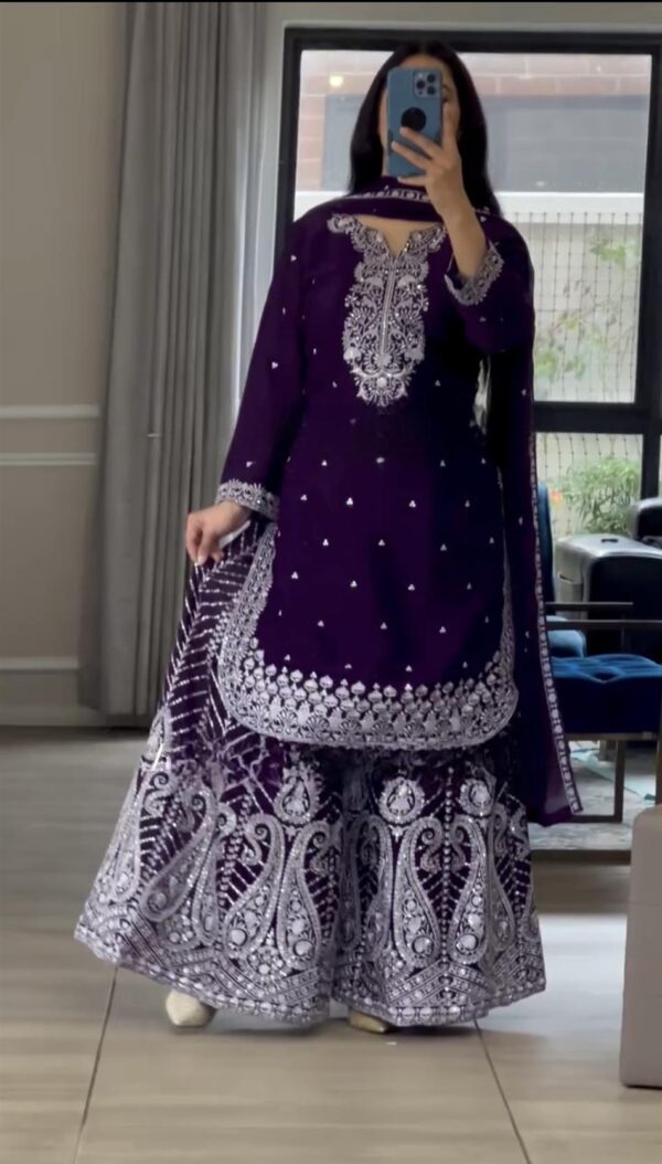 Buy Chinon Embroidered Sharara Suit with Dupatta - Image 2