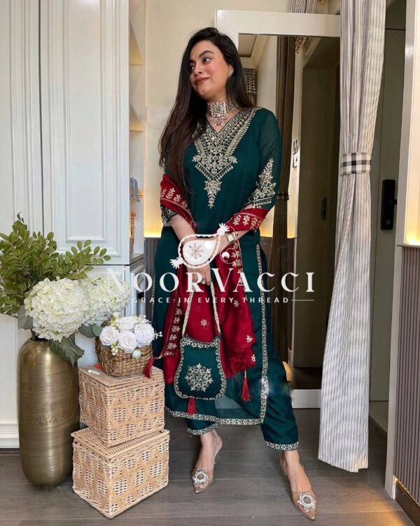 Buy Chinon Embroidered Suit with Front & Back Work and Dupatta - Image 2