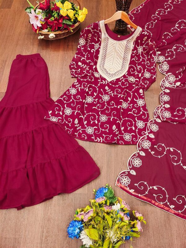 Shop Embroidered Fox Georgette Sharara Suit with Dupatta - Image 7