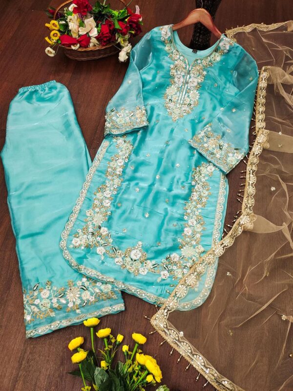 Buy Jimmy Choo Embroidered Suit with Diamond & Moti Hand Work and Dupatta - Image 4