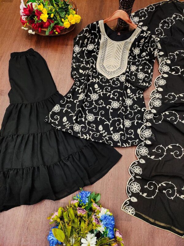 Shop Embroidered Fox Georgette Sharara Suit with Dupatta - Image 6