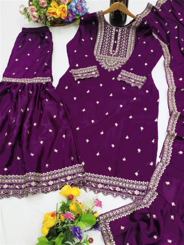 Buy Chinon Embroidered Sharara Suit with Sequin Detailing - Image 6