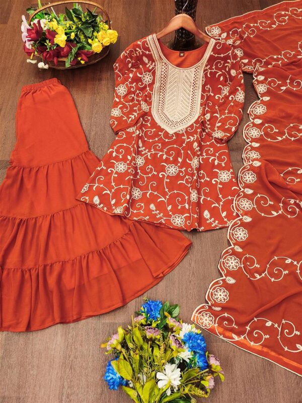 Buy Embroidered Fox Georgette Sharara Suit with Dupatta - Image 7