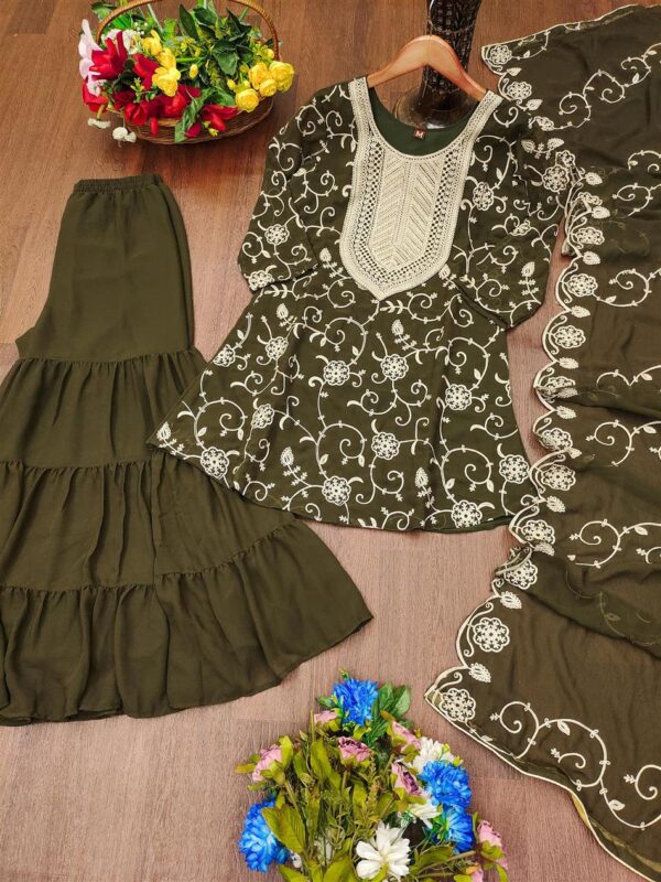 Buy Embroidered Fox Georgette Sharara Suit with Dupatta - Image 6