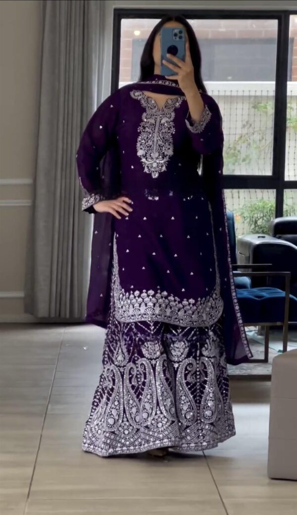 Buy Chinon Embroidered Sharara Suit with Dupatta - Image 3