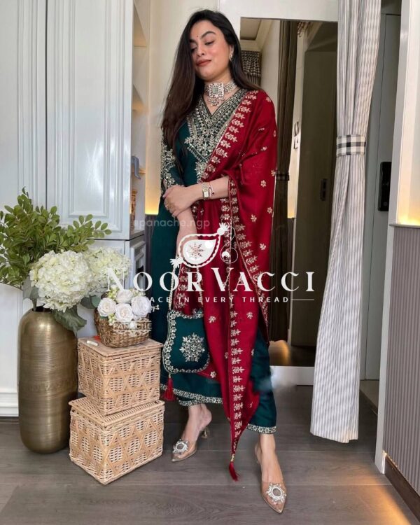 Buy Chinon Embroidered Suit with Front & Back Work and Dupatta - Image 3