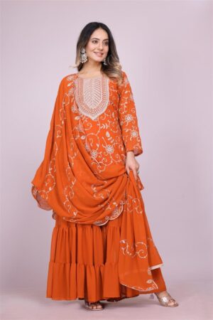 Buy Embroidered Fox Georgette Sharara Suit with Dupatta