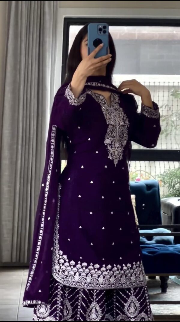 Buy Chinon Embroidered Sharara Suit with Dupatta - Image 4