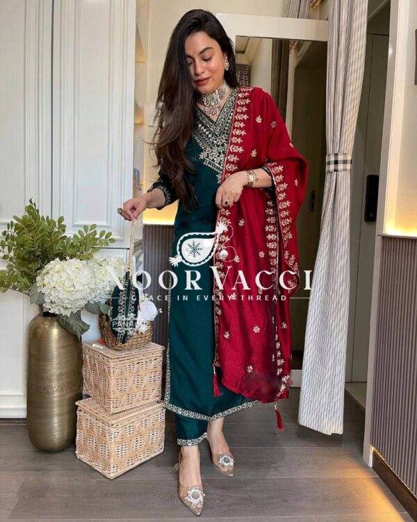 Buy Chinon Embroidered Suit with Front & Back Work and Dupatta - Image 4