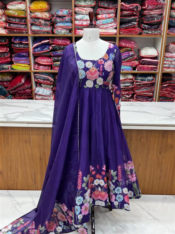 Buy Organza Silk Floral Anarkali Suit Set with Dupatta and Pant - Image 10