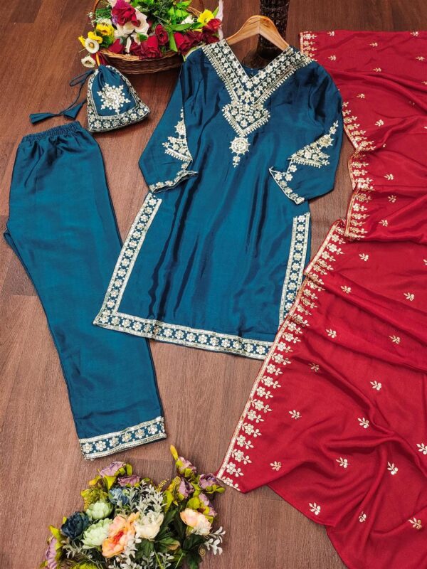 Buy Chinon Embroidered Suit with Front & Back Work and Dupatta - Image 5