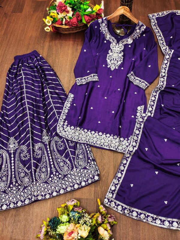 Buy Chinon Embroidered Sharara Suit with Dupatta - Image 6
