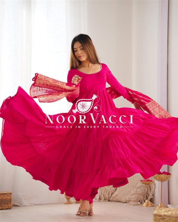 Buy Pink Romansilk Chanderi Anarkali Set with Banarasi Dupatta - Image 10