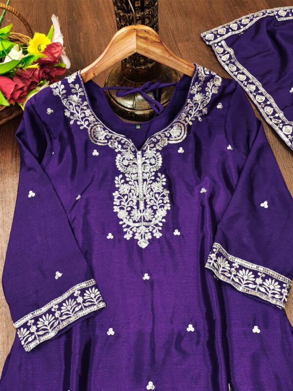 Buy Chinon Embroidered Sharara Suit with Dupatta - Image 5