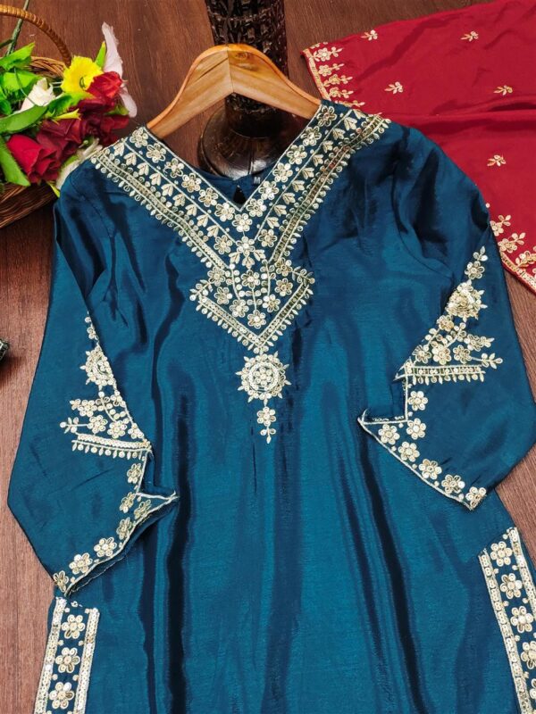 Buy Chinon Embroidered Suit with Front & Back Work and Dupatta - Image 7