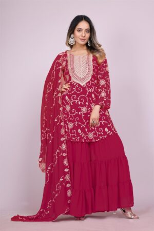 Shop Embroidered Fox Georgette Sharara Suit with Dupatta