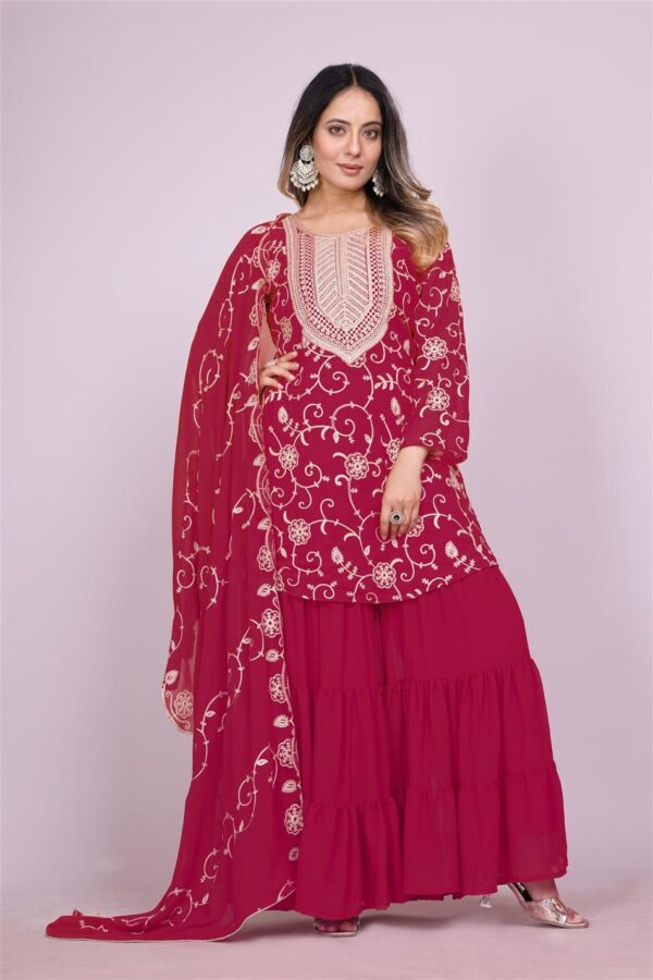 Shop Embroidered Fox Georgette Sharara Suit with Dupatta