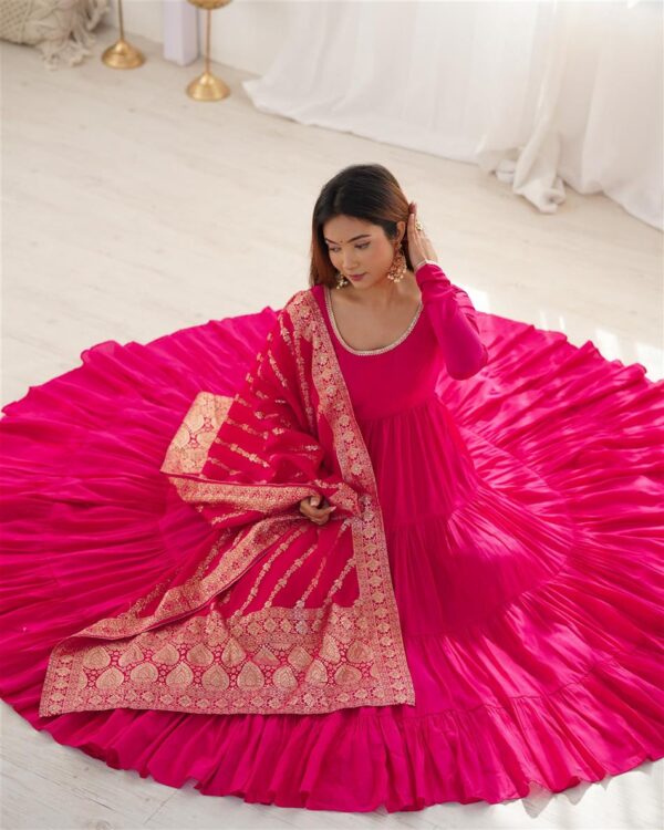 Buy Pink Romansilk Chanderi Anarkali Set with Banarasi Dupatta - Image 9