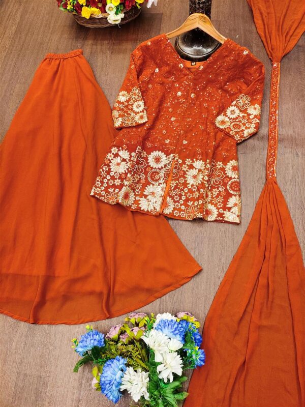 Buy Embroidered Fox Georgette Plazo Suit with Dupatta - Image 3