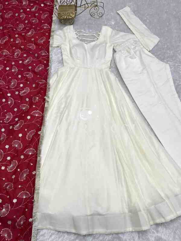 Vichitra Silk Kali-Cut Anarkali Set with Dupatta and Pant - Image 9