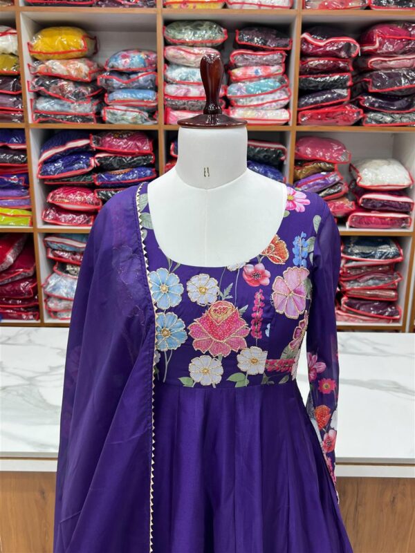 Buy Organza Silk Floral Anarkali Suit Set with Dupatta and Pant - Image 7