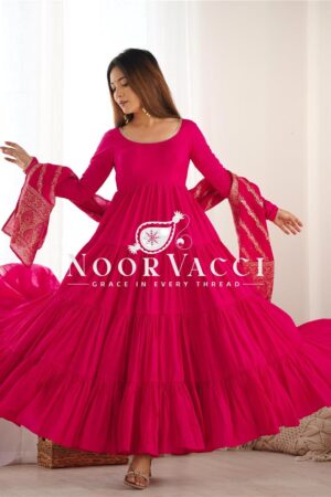 Buy Pink Romansilk Chanderi Anarkali Set with Banarasi Dupatta