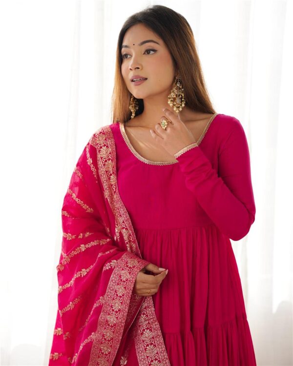Buy Pink Romansilk Chanderi Anarkali Set with Banarasi Dupatta - Image 3