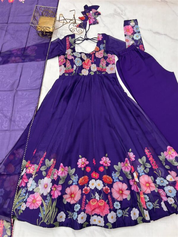 Buy Organza Silk Floral Anarkali Suit Set with Dupatta and Pant - Image 8