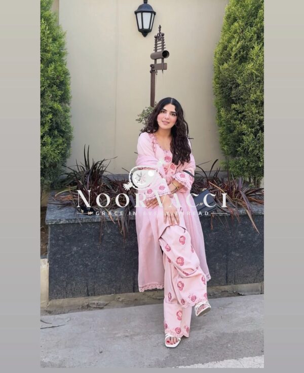 Buy Pure Natural Crepe Embroidered Top with Farshi Palazzo & Dupatta Set - Image 2