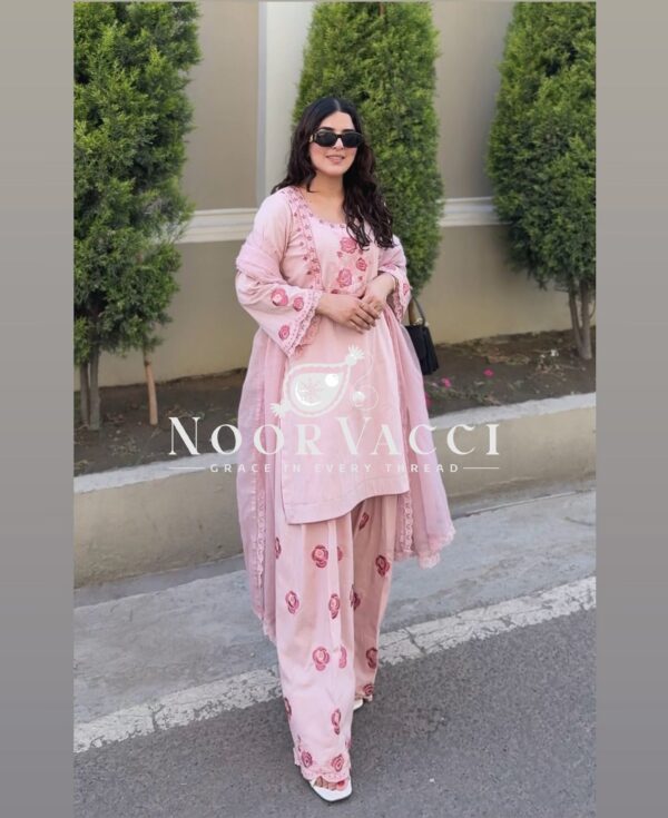 Buy Pure Natural Crepe Embroidered Top with Farshi Palazzo & Dupatta Set