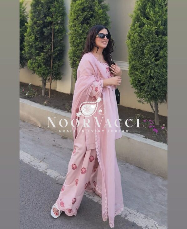 Buy Pure Natural Crepe Embroidered Top with Farshi Palazzo & Dupatta Set - Image 5