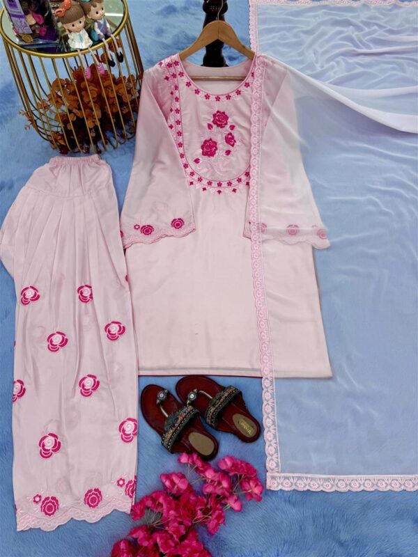 Buy Pure Natural Crepe Embroidered Top with Farshi Palazzo & Dupatta Set - Image 12