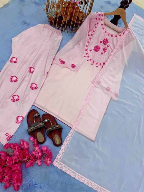 Buy Pure Natural Crepe Embroidered Top with Farshi Palazzo & Dupatta Set - Image 9