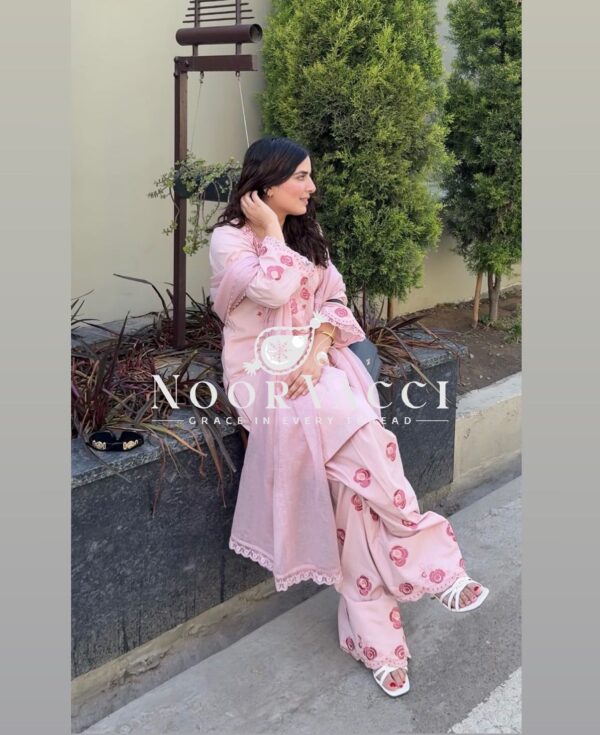 Buy Pure Natural Crepe Embroidered Top with Farshi Palazzo & Dupatta Set - Image 6