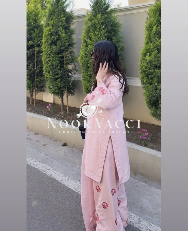 Buy Pure Natural Crepe Embroidered Top with Farshi Palazzo & Dupatta Set - Image 7